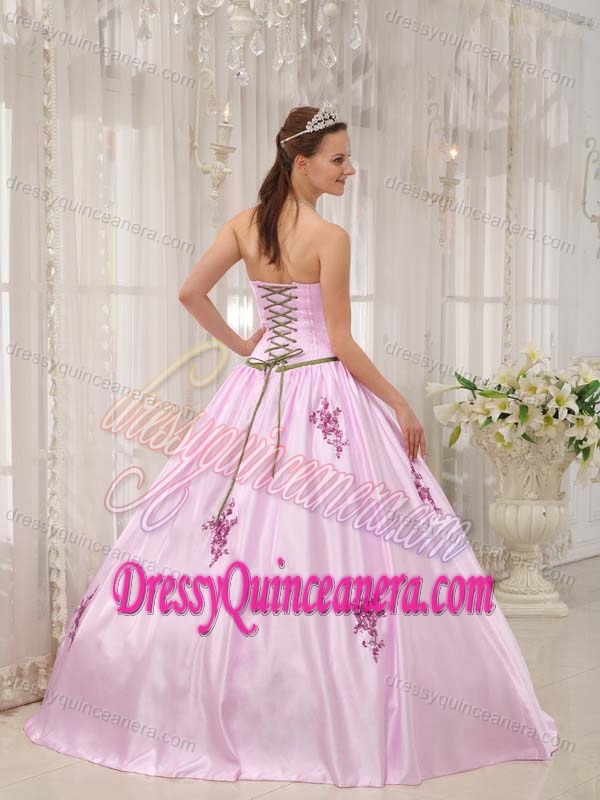Pink Ball Gown Strapless Dress for Quince with Appliques on Promotion