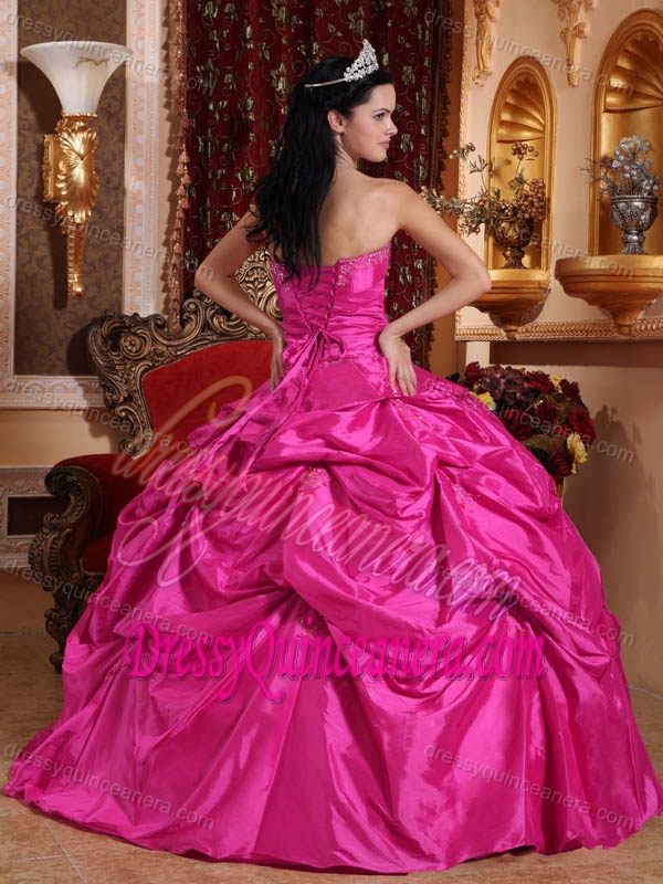 Strapless Cheap Beaded Taffeta Quinceaneras Dresses in Hot Pink