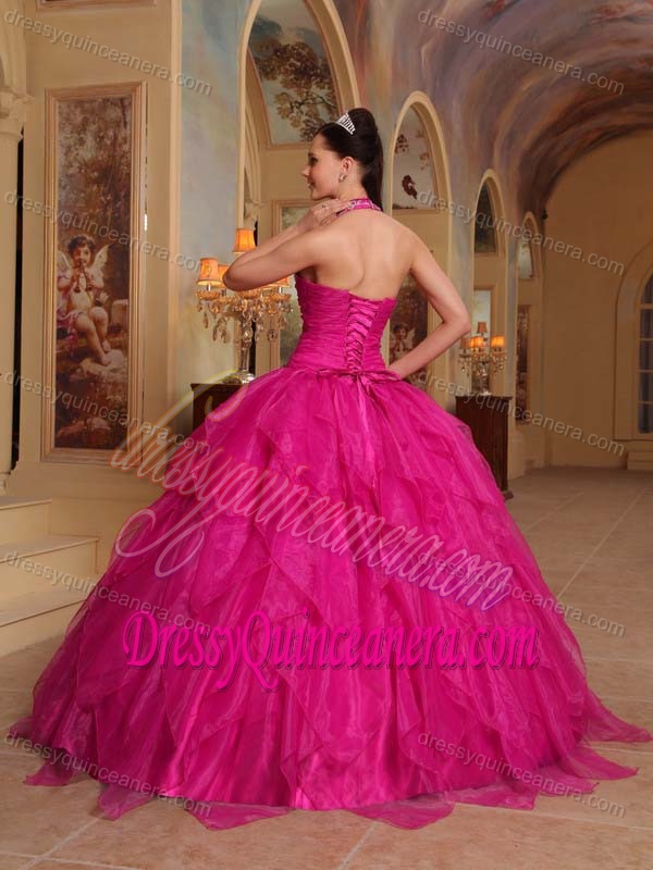 Appliqued Halter Hot Pink Layered Organza Quinceanera Dress with Beading for Cheap
