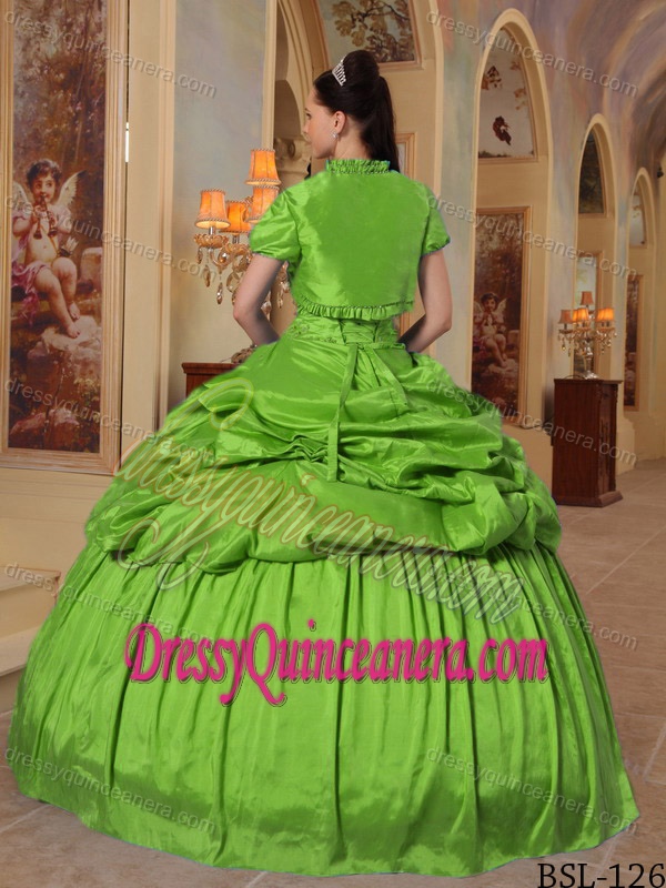 Green Sweetheart Taffeta Dresses for Quince with Beading and Pick Ups