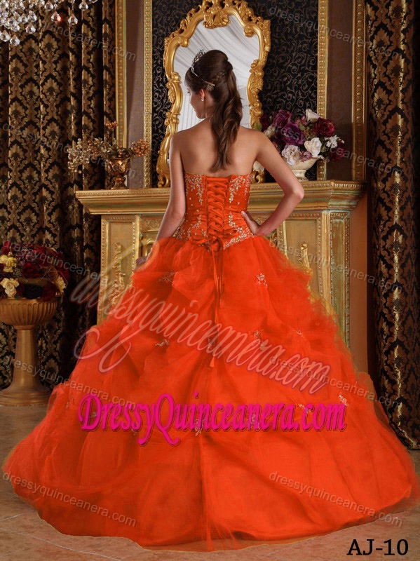 Orange Strapless Tulle Quinceanera Dresses with Pick-ups and Appliques