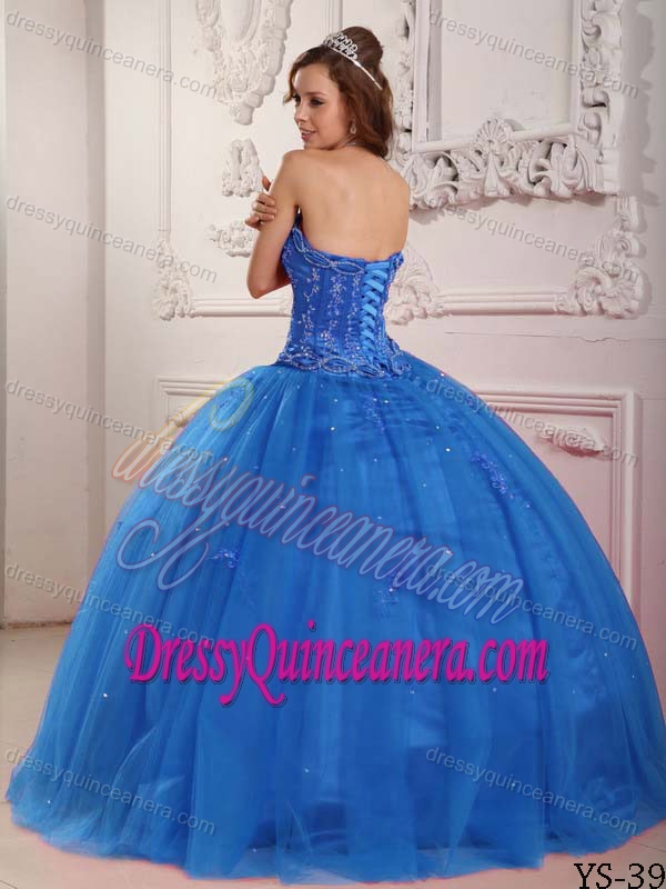 Classical Strapless Tulle Blue Sweet 16 Dresses with Beading on Sale