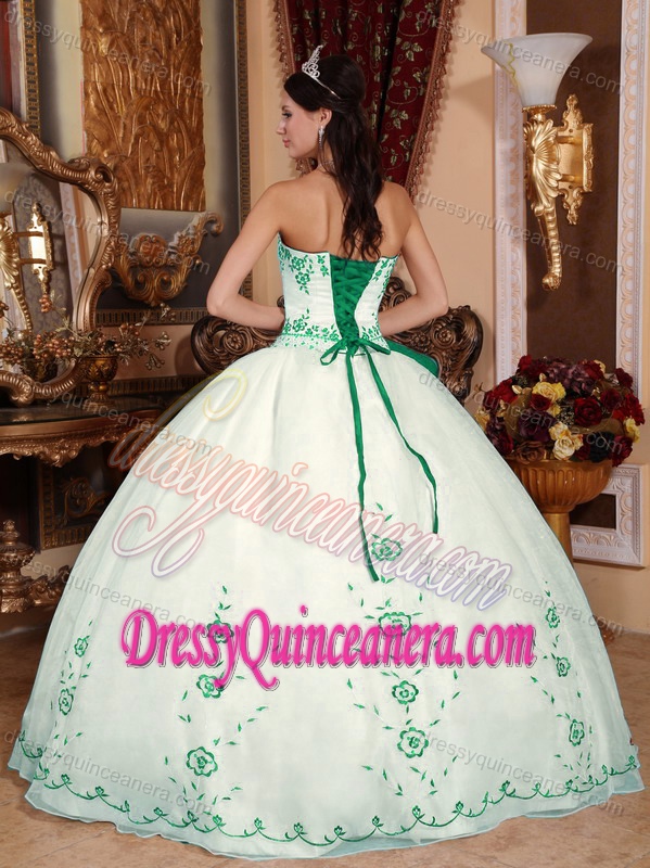 Pretty White Strapless Ball Gown Organza Quinceanera Dress with Green Embroidery