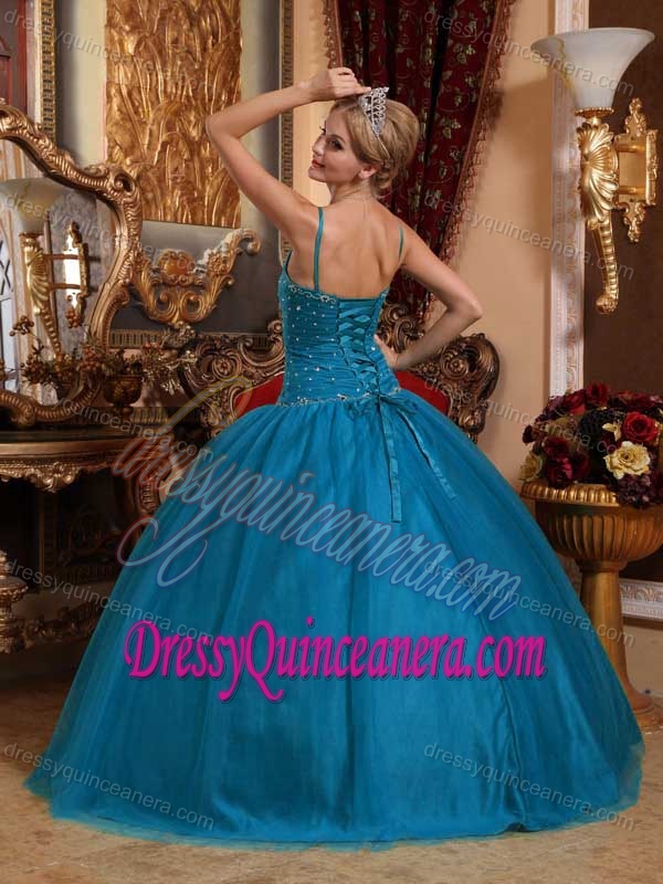 Custom Made Spaghetti Straps Ball Gown Teal Tulle Quinceanera Dress with Beading