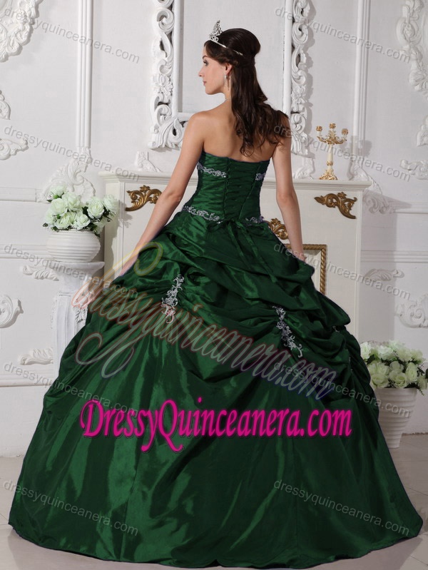 Nice Strapless Hunter Green Taffeta Quinceanera Dress with Pick-ups and Appliques