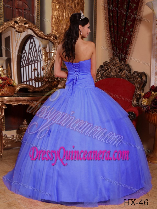 Bright Purple Strapless Ball Gown Tulle Quinceanera Dress with Appliques for Cheap