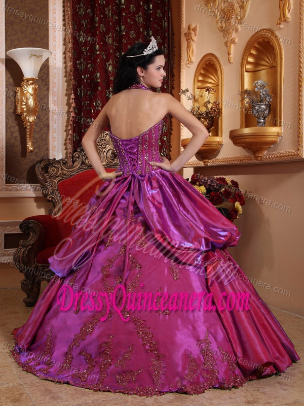 Chic Halter V-neck Fuchsia Taffeta Quinceanera Dress with Pick-ups and Appliques