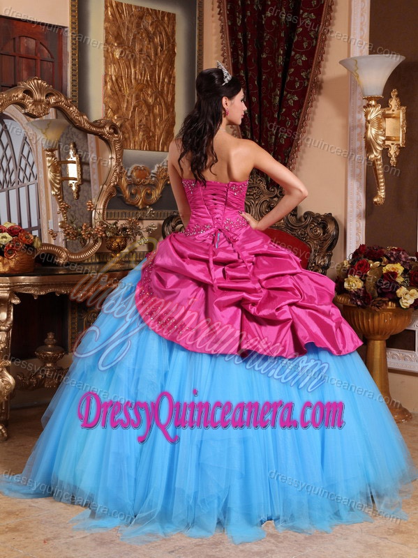 Strapless Hot Pink Taffeta and Blue Tulle Beaded Quinceanera Dresses with Pick-ups