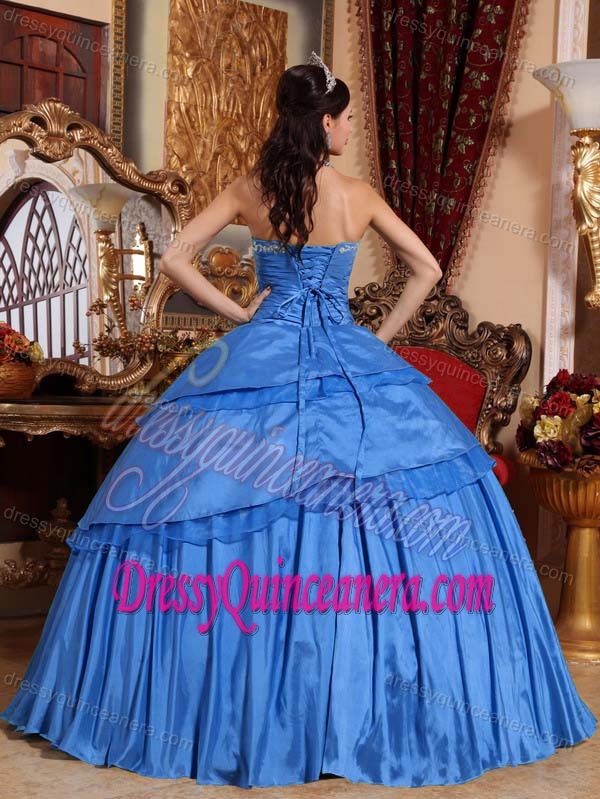 Sky Blue Sweetheart Layered Ball Gown Taffeta Quinceanera Dresses with Appliques