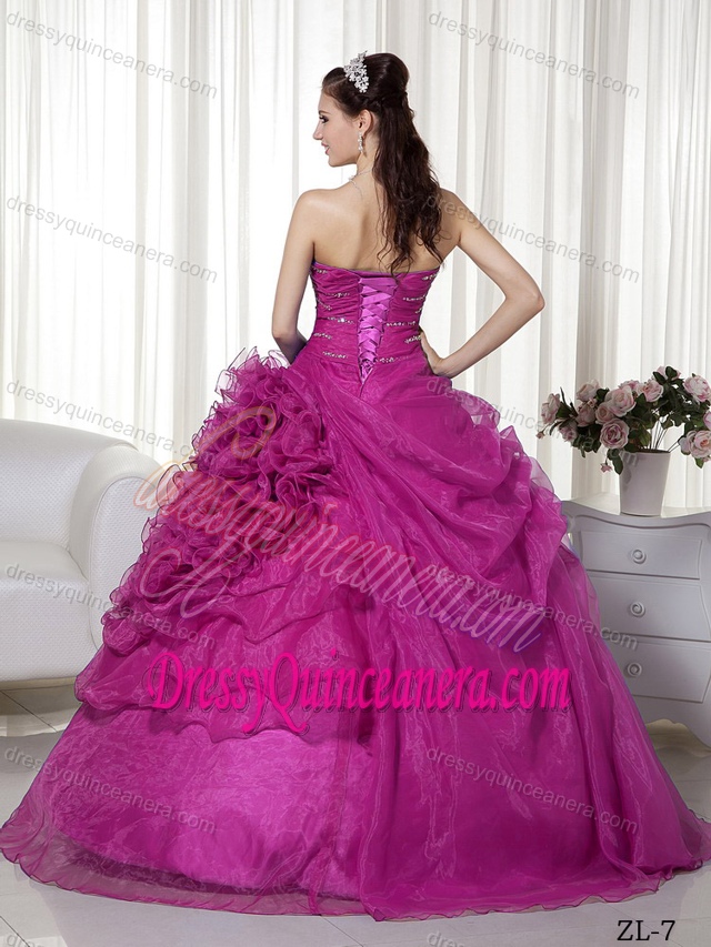 Ruched and Beaded Long Organza Attractive Quinceanera Gown in Fuchsia