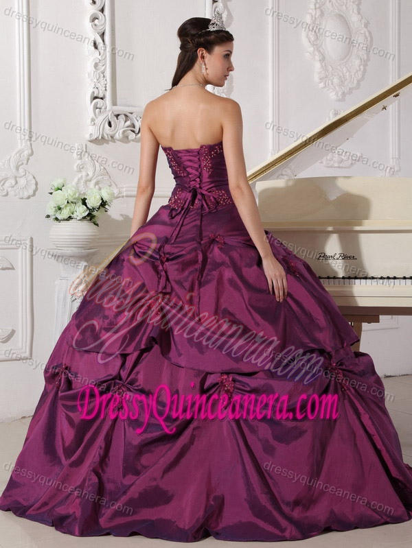 Appliqued Sweetheart Dress for Quince with Pick Ups in Taffeta for Less