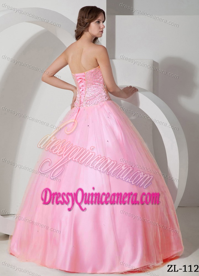 Sweet Pink Sweetheart Tulle Beaded Quinceanera Dress on Wholesale Price