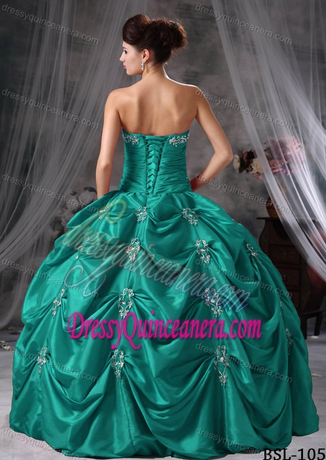 New Strapless Taffeta Appliques and Pick-ups Decorated Quinceanera Dress