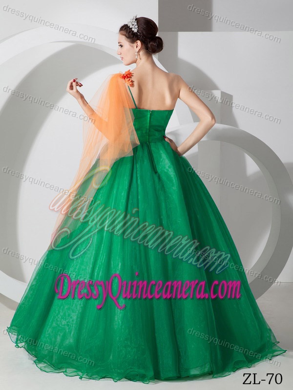 Green One Shoulder Organza Quinceanera Dresses with Hand Made Flowers