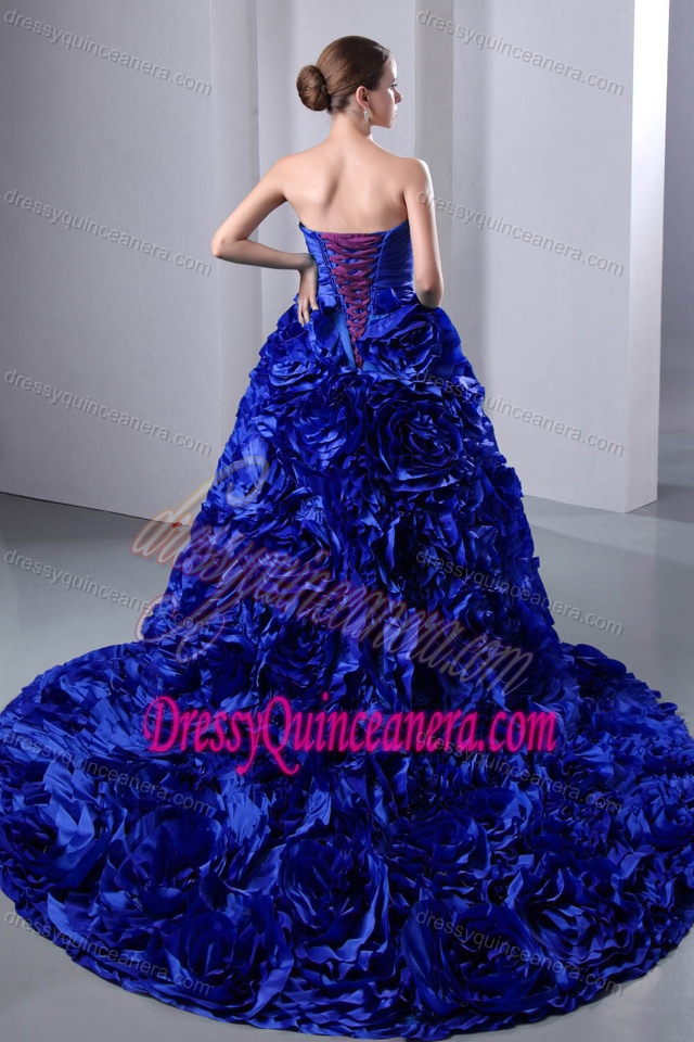 Royal Blue Princess Dresses for Quinceanera with Ruches and Rolling Flowers