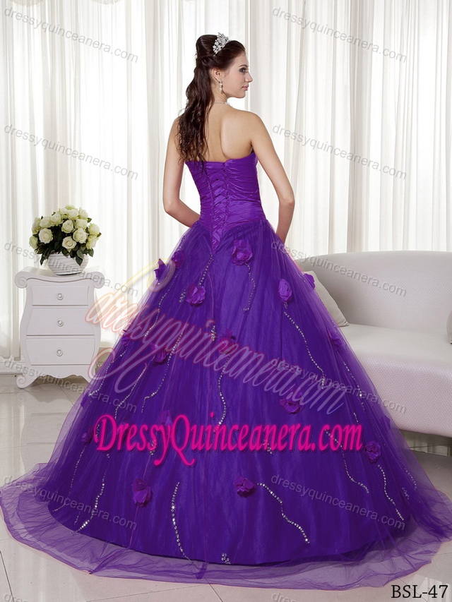 Popular Purple Quinceanera Dress with Brush Train and Hand Made Flowers