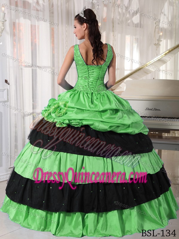 V-neck Taffeta Beaded Quinceanera Dress with Hand Made Flowers on Sale