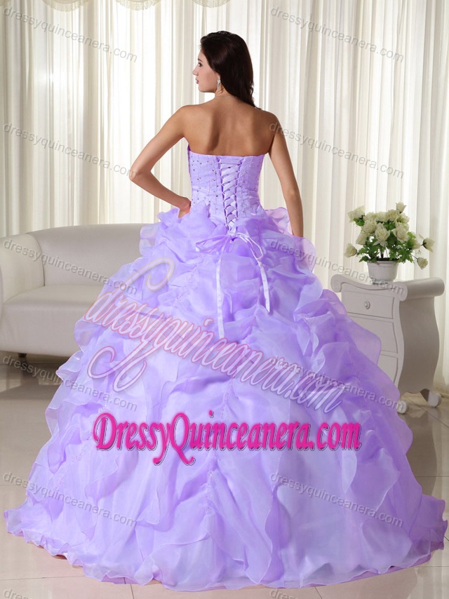 Lilac Perfect Strapless Organza Beaded Quince Dresses with Ruffles