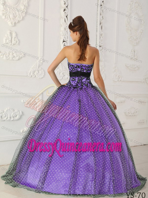 Black and Purple Taffeta and Tulle Quince Dress with Beading and Appliques