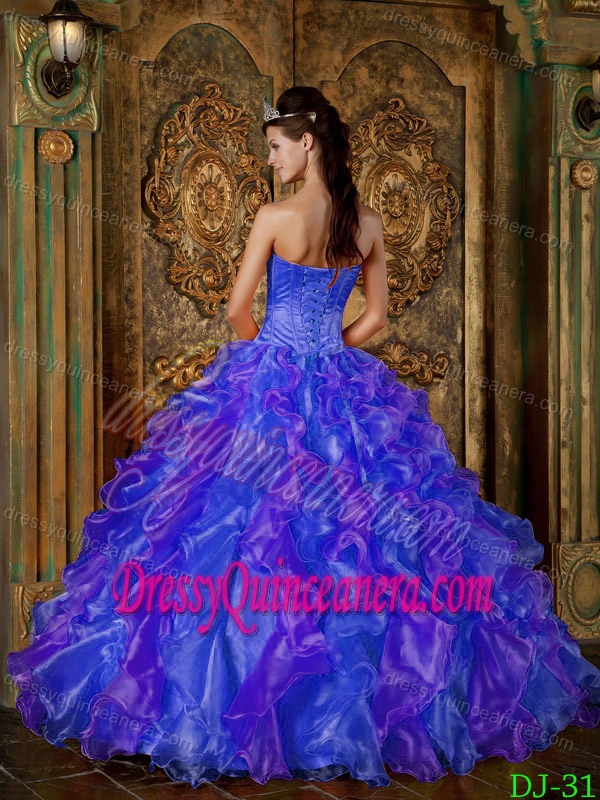 Nice Purple Strapless Quinces Dresses with Ruffles and Beading in Organza