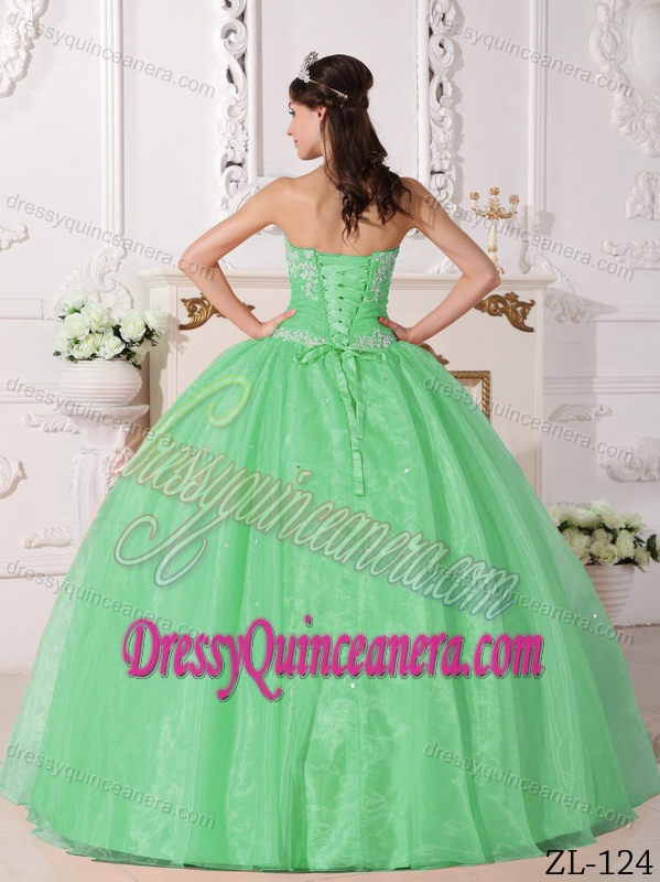 Apple Green Strapless Taffeta and Organza Appliqued Quinceanera Dresses