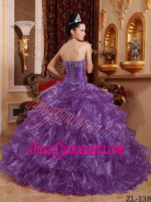 New Purple Strapless Organza Beaded Quinceanera Dress with Ruffled Layers