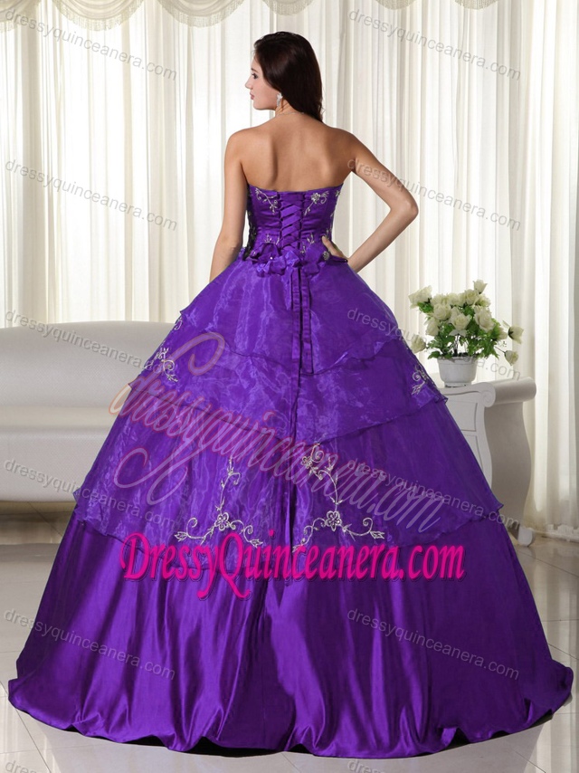 Purple Strapless Organza Quinceanera Dress with Embroidery on Promotion
