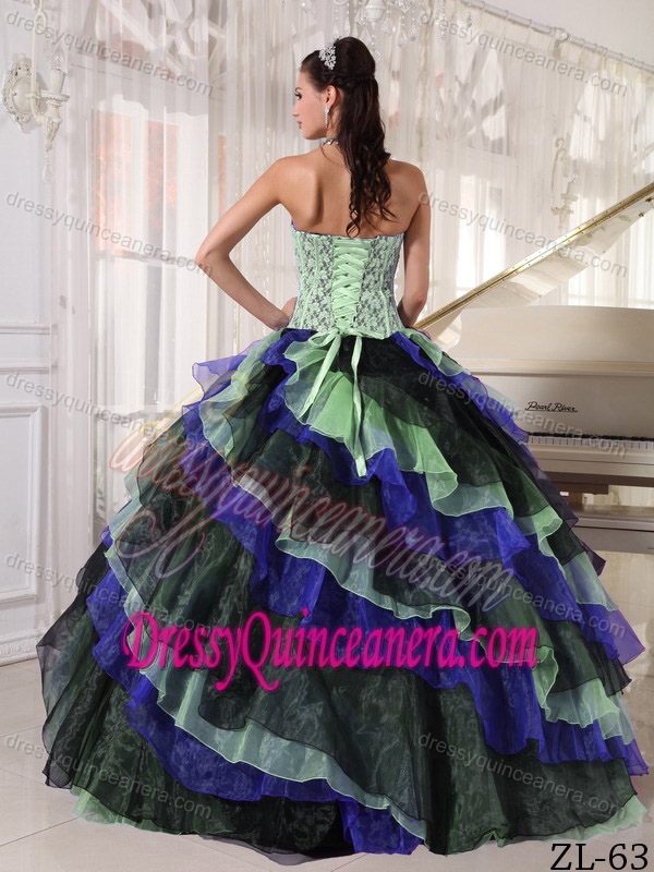 Multi-color Lace Strapless Organza Quinces Dresses with Asymmetrical Ruffles