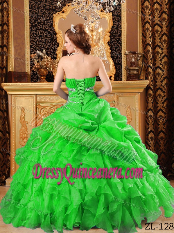 Spring Green Strapless Organza Beading Ruffles Sweet Sixteen Quinceanera Dresses