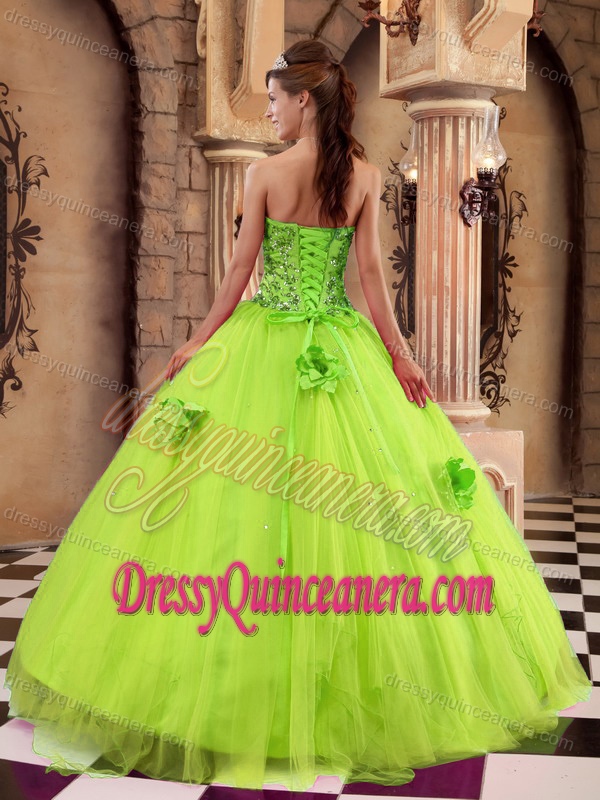 Spring Green Strapless Satin and Tulle Quinceanera Dresses with Beading