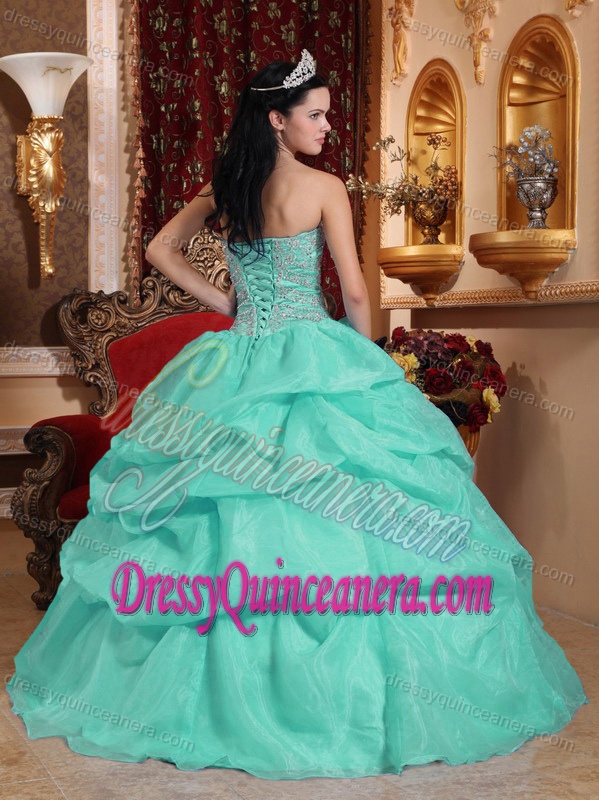 Aqua Blue Sweetheart Organza Beaded Sweet Sixteen Dresses with Pick-ups