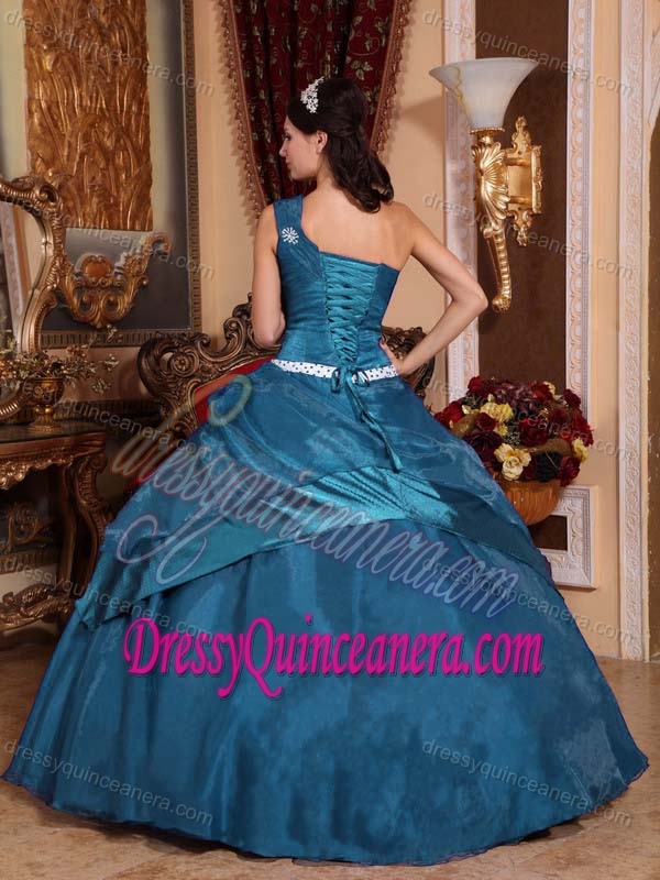 Teal One Shoulder Organza Quinces Dress with Beading and Handle Flower
