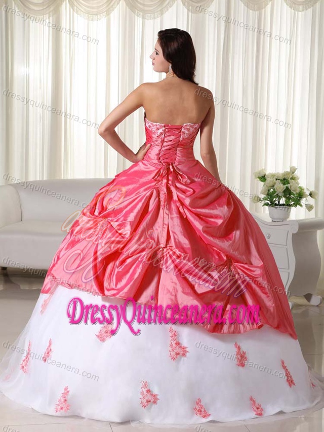 Watermelon and White Sweetheart Appliqued Quinceaneras Dress in Taffeta