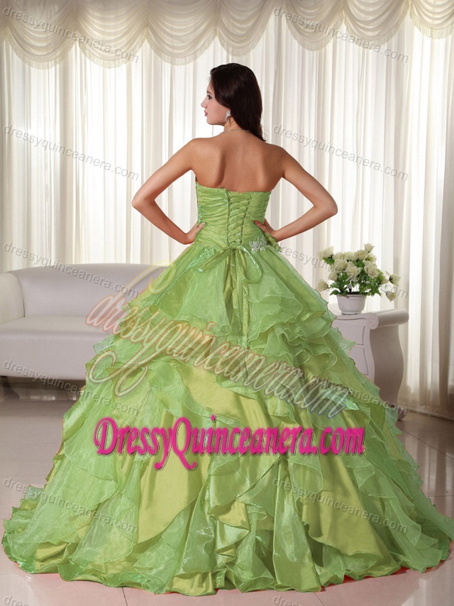 Yellow Green Sweetheart Organza Quinceanera Gown Dress with Appliques