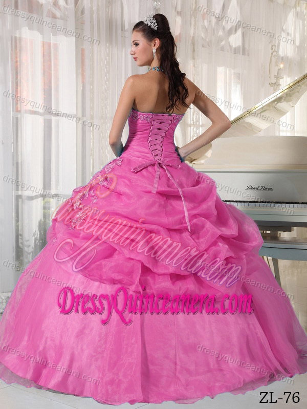 Strapless Appliqued Organza 2013 Beautiful Long Quince Dress in Pink