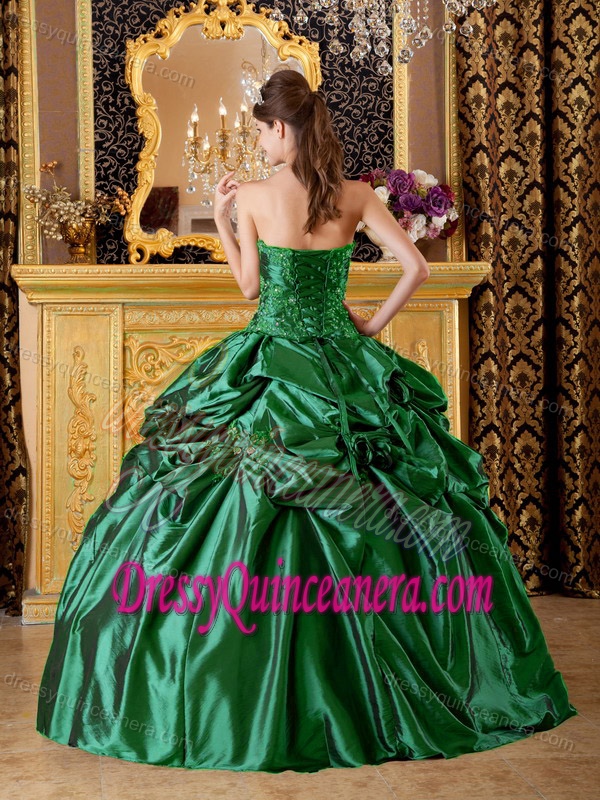 Hunter Green Taffeta Appliqued Long Sweet Quince Dress with Flowers