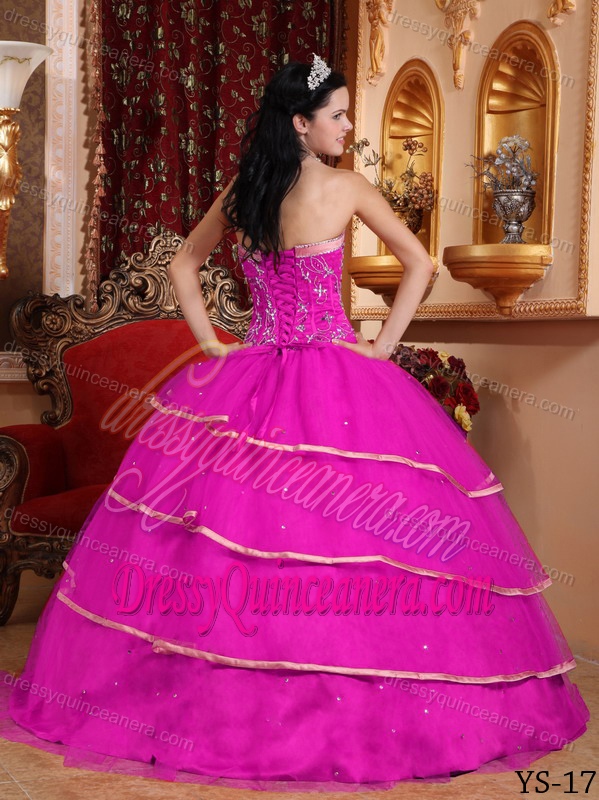 Luxurious Satin and Tulle Lace-up Beaded Quinceanera Dress in Hot Pink