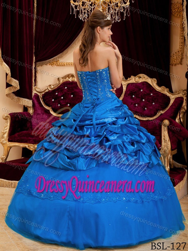 Magnificent Strapless Taffeta Blue Lace-up Dress for Quince under 250