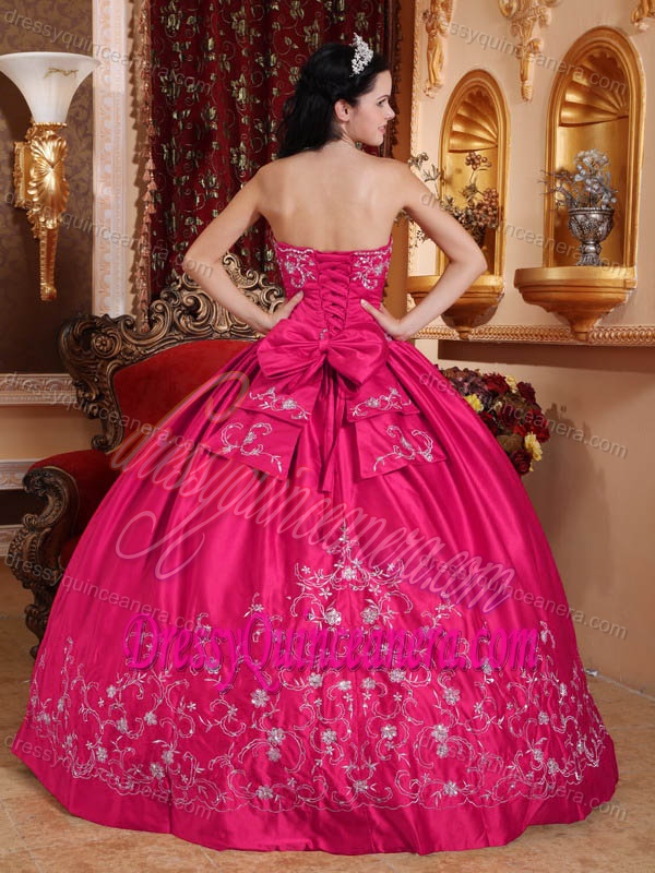 Great Hot Pink Strapless Ball Gown Taffeta Dress for Quinceanera with Embroidery