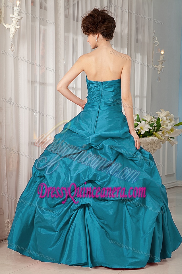 Turquoise Strapless Taffeta Quinceanera Dress with Pick-ups and Appliques on Sale