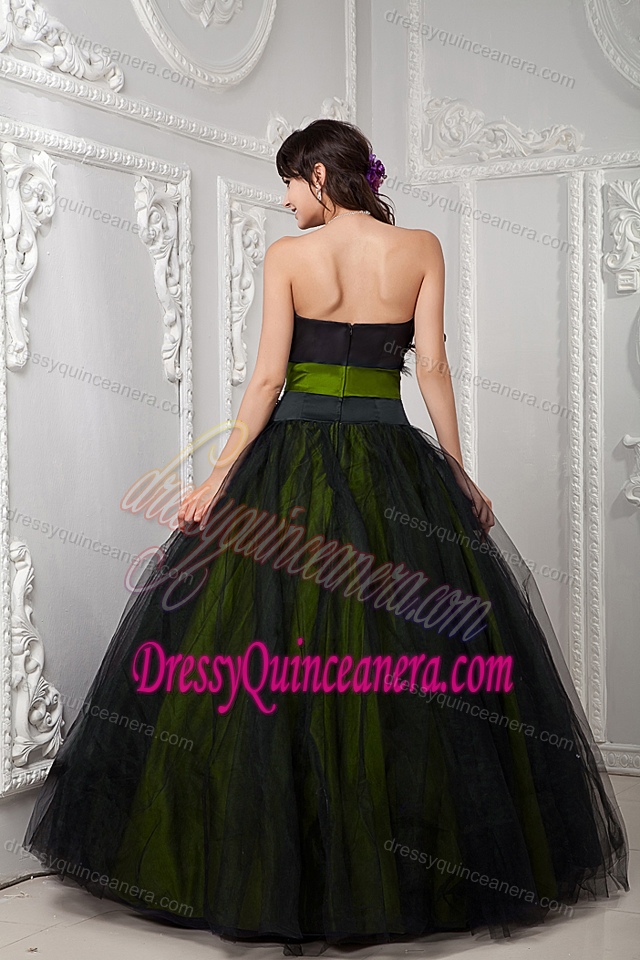 Black and Green Strapless Tulle Quinceanera Gown Dresses with Beading and Plume