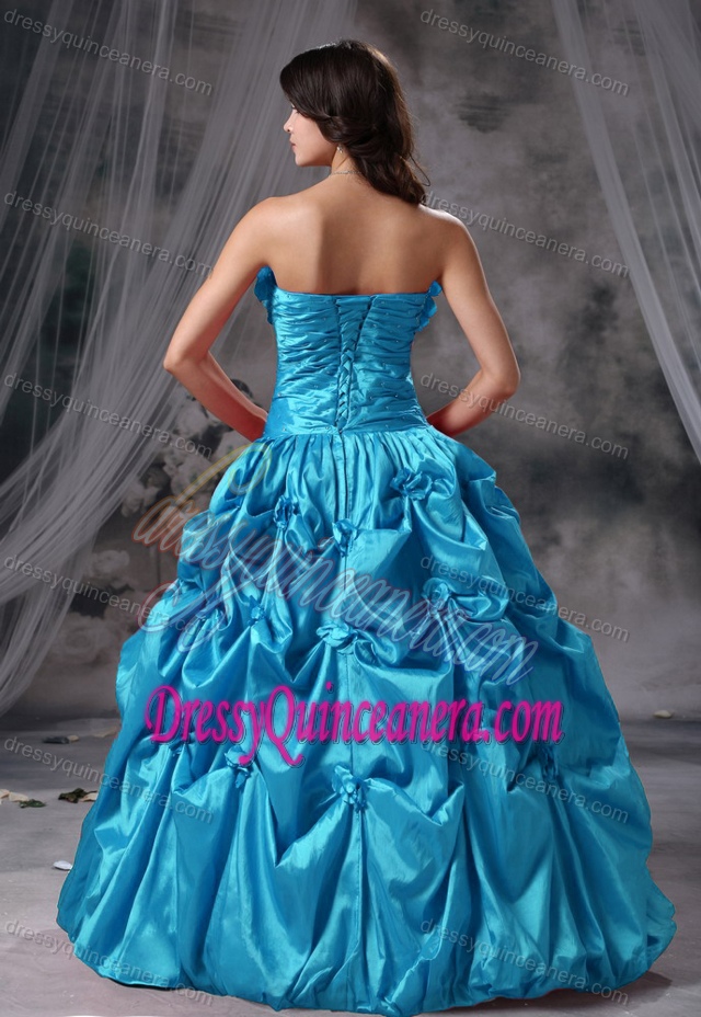 Best Teal Strapless Floor-length Taffeta Quinceanera Dress with Pick-ups and Flowers