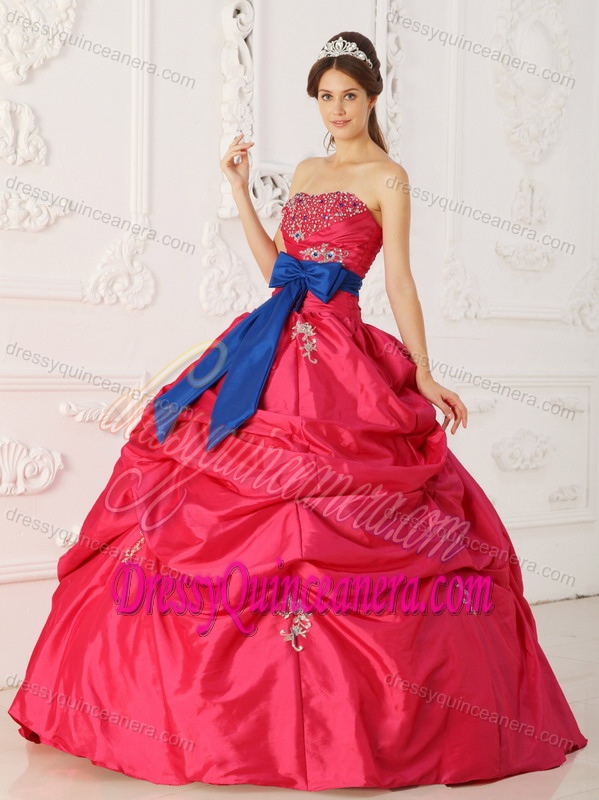 Beaded and Appliqued Quince Dresses with Pick-ups and Blue Bowknot in Red