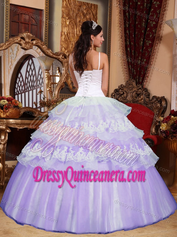 Lilac Ball Gown Appliqued Sweet 16 Dresses with Spaghetti Straps and Layers