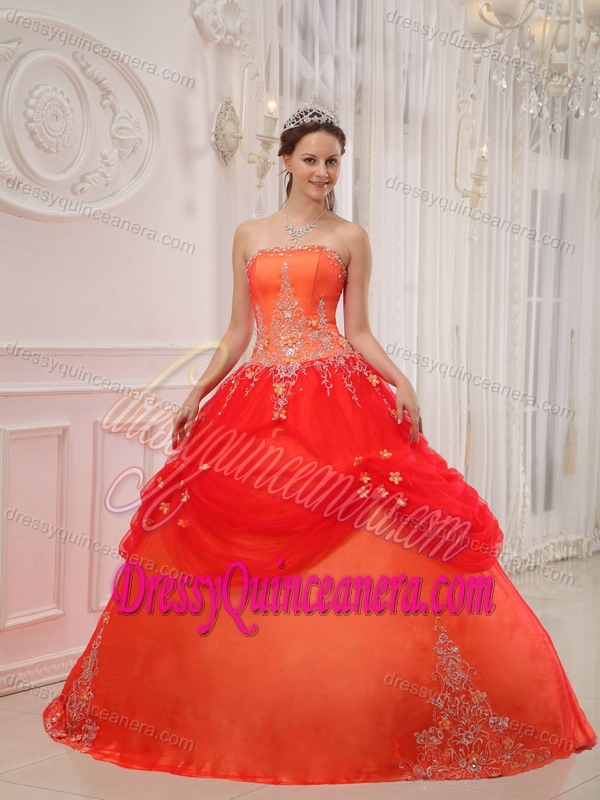 New Stylish 2013 Orange Red Dress for Quinceanera with Appliques and Pick-ups