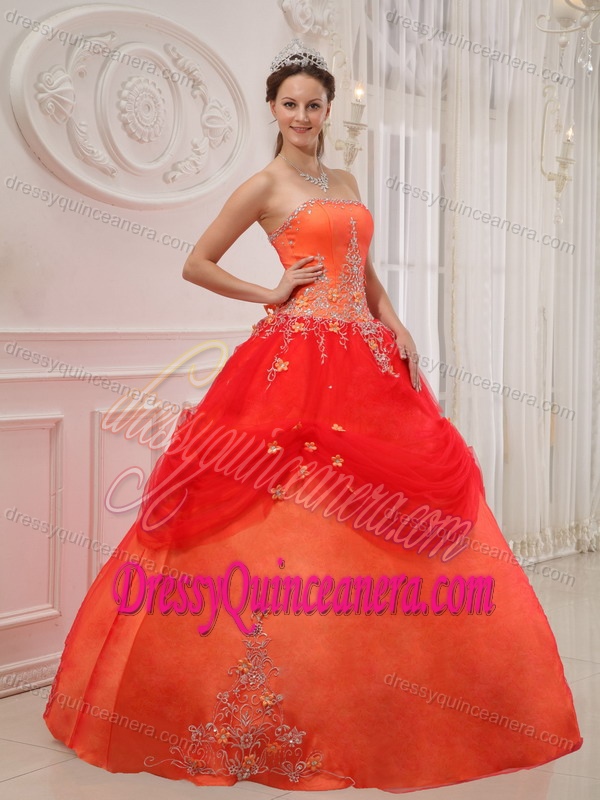 New Stylish 2013 Orange Red Dress for Quinceanera with Appliques and Pick-ups