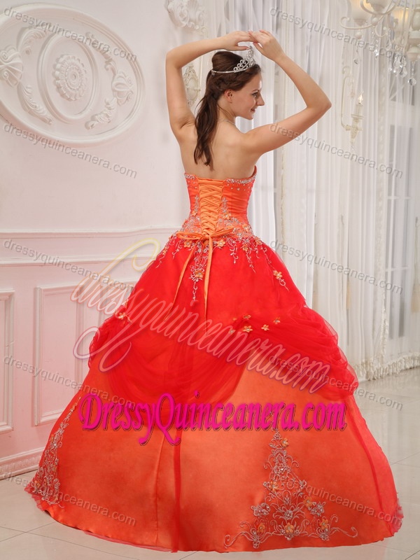 New Stylish 2013 Orange Red Dress for Quinceanera with Appliques and Pick-ups