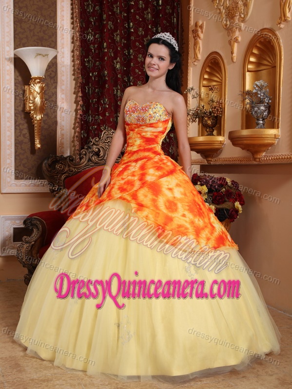 Multi-colored Printed Sweetheart Quinceanera Dress with Beadings on Promotion