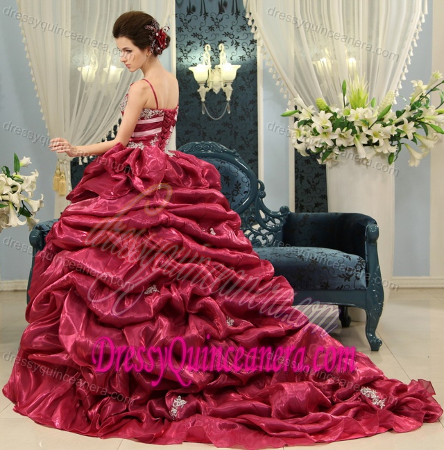 Exclusive Beaded Chapel Train Organza Fuchsia with Spaghetti Strap