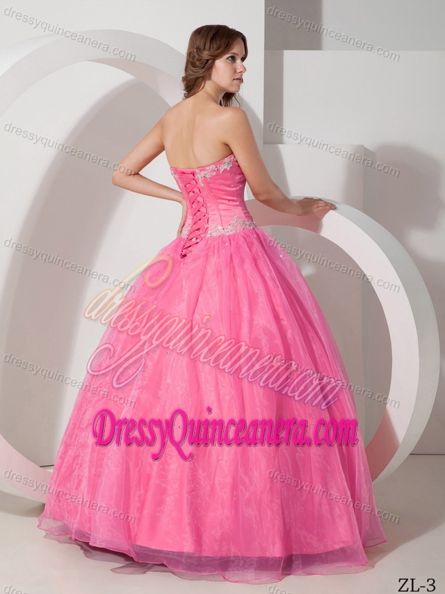 Pink Satin and Organza Inexpensive Quince Dresses with Appliques